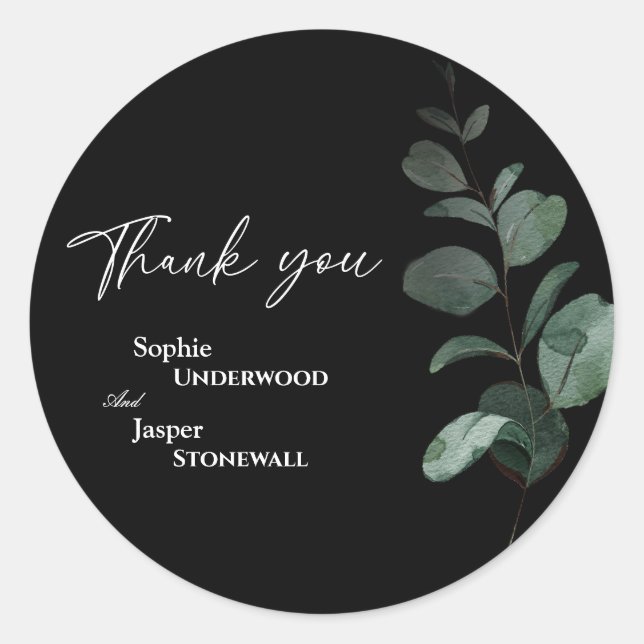 Modern Greenery Black Wedding Thank You Sticker (Front)