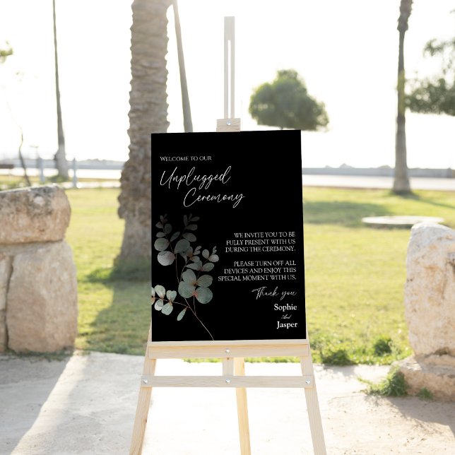 Modern Greenery Black Wedding Unplugged Ceremony Foam Board (Creator Uploaded)