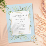 Modern Greenery Blue Boy Baby Shower Invitation