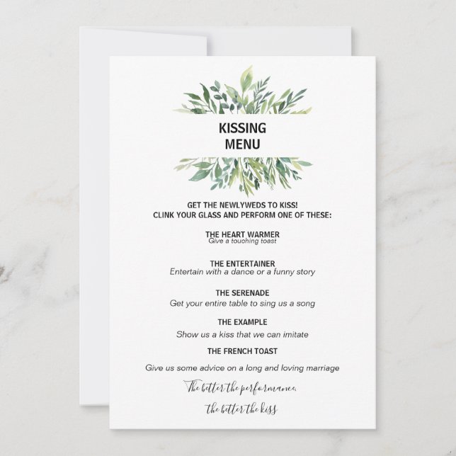 Modern Greenery Botanical Foliage Kissing Menu (Front)