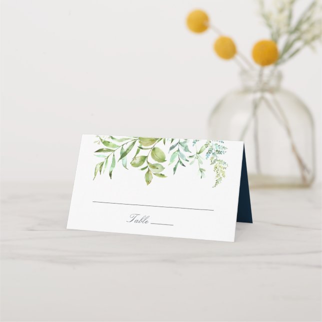 Modern Greenery Botanical Foliage Leaves Navy Place Card (Front)