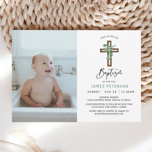 Modern Greenery Boy Baptism Celebration Photo Invitation