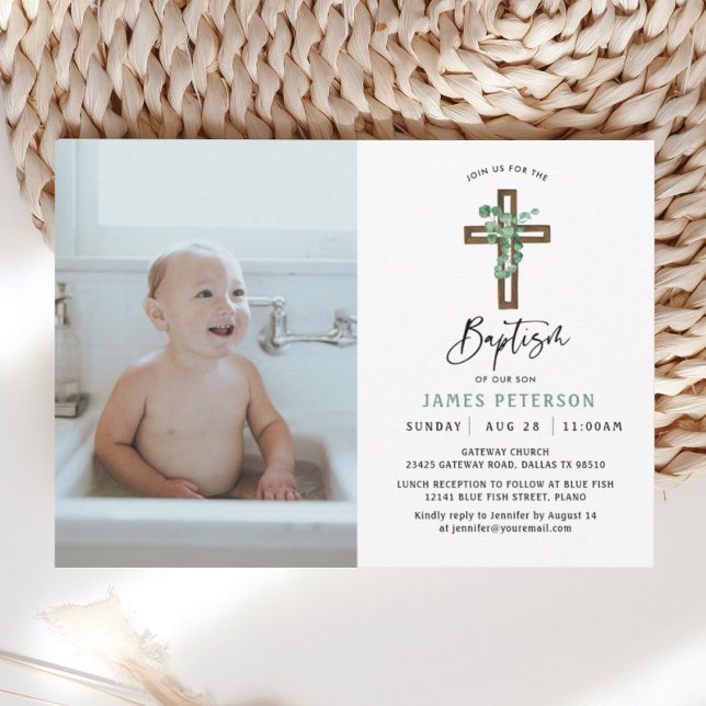Modern Greenery Boy Baptism Celebration Photo Invitation (Creator Uploaded)