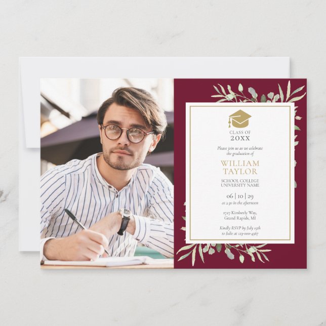 Modern Greenery Burgundy Graduation Party Photo  Invitation (Front)