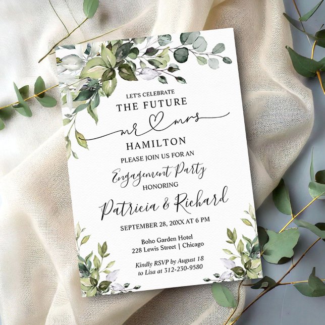 Modern Greenery Calligraphy Engagement Party Announcement (Creator Uploaded)