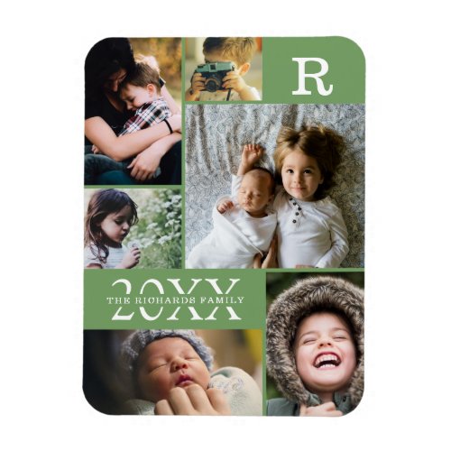 Modern Greenery Color Block Family 6 Photo Collage Magnet
