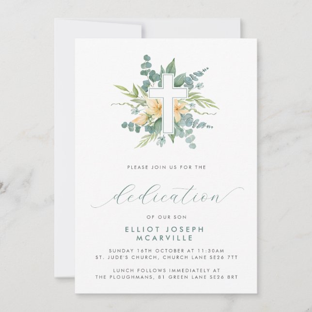 Modern Greenery Cross Script Baby Dedication Invitation (Front)