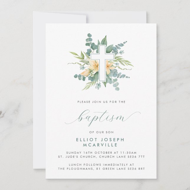 Modern Greenery Cross Script Baptism Invitation (Front)