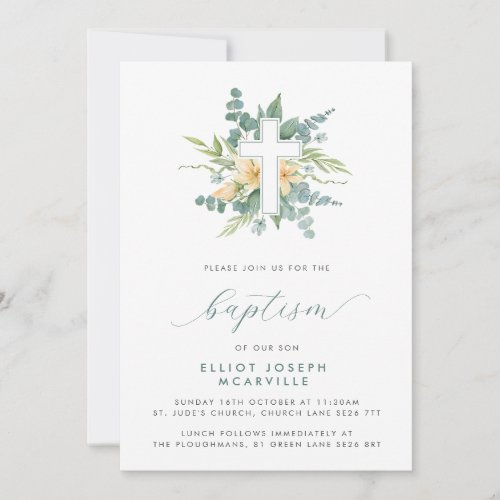 Modern Greenery Cross Script Baptism Invitation