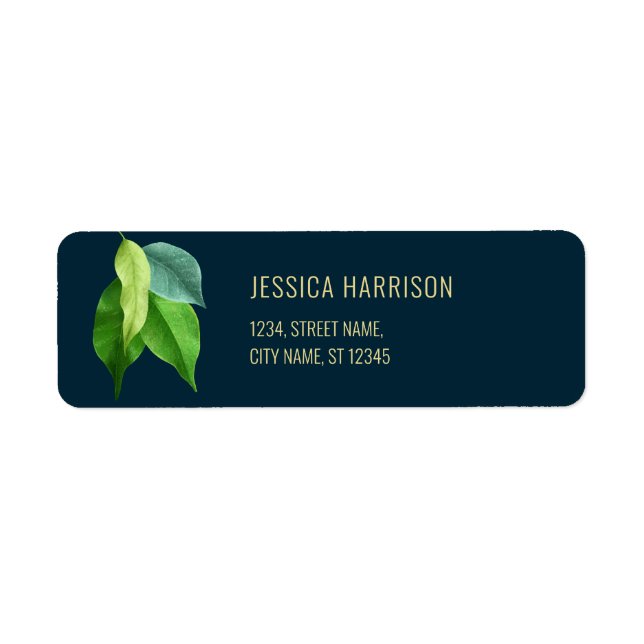 Modern Greenery Deep Blue Elegant Green Leaves Label (Front)