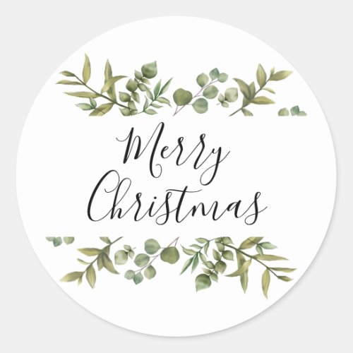 Modern Greenery Elegant Script Merry Christmas Classic Round Sticker