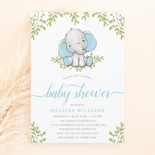 Modern Greenery Elephant Boy Baby Shower Invitation