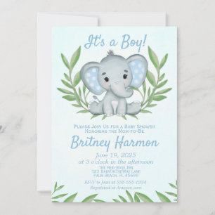 Modern Greenery Elephant Boy Baby Shower Invitation