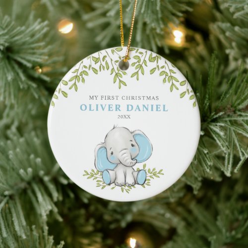 Modern Greenery Elephant Boy First Christmas Ceramic Ornament