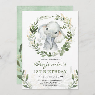 Modern Greenery Elephant Green Gold 1st Birthday Invitation