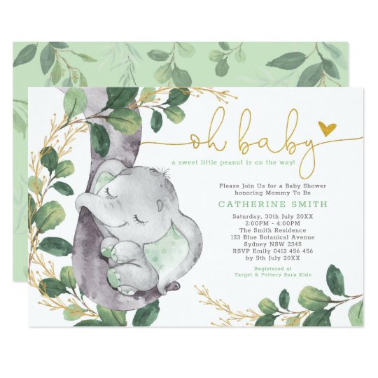 Modern Greenery Elephant Green Gold Baby Shower Invitation | Zazzle.com