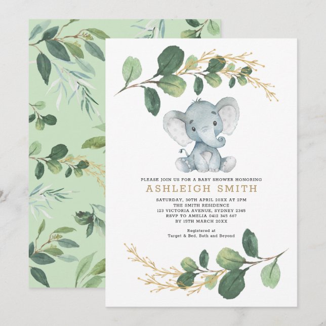 Modern Greenery Elephant Jungle Baby Shower Invitation (Front/Back)