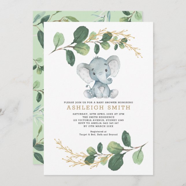 Modern Greenery Elephant Jungle Baby Shower Invitation (Front/Back)