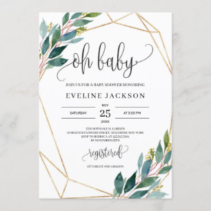 Modern greenery eucalyptus and gold oh baby invitation