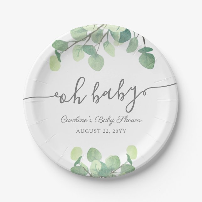 Modern Greenery Eucalyptus Baby Shower Paper Plates (Front)