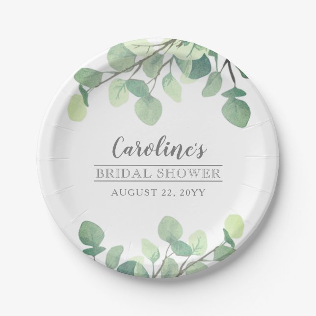 Modern Greenery Eucalyptus Bridal Shower Paper Plates (Front)