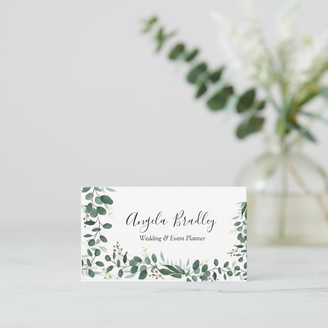 Modern Greenery Eucalyptus Geometric Frame Busines Business Card (Standing Front)