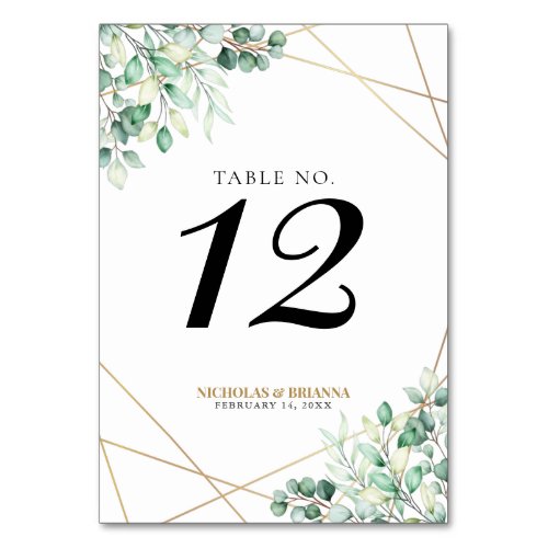 Modern Greenery Eucalyptus Gold Geometric Wedding Table Number