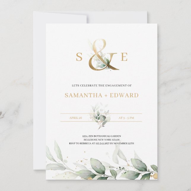 Modern greenery eucalyptus gold monogram engage invitation (Front)