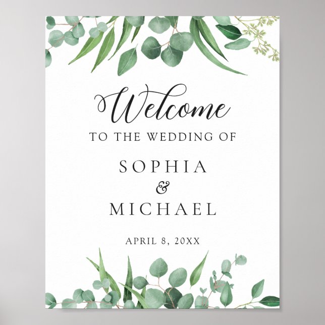 Modern Greenery Eucalyptus Leaves Wedding Welcome Poster (Front)