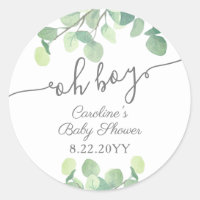 Modern Greenery Eucalyptus Oh Boy Baby Shower Classic Round Sticker