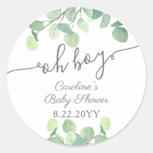 Modern Greenery Eucalyptus Oh Boy Baby Shower Classic Round Sticker