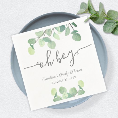 Modern Greenery Eucalyptus Oh Boy Baby Shower Napkins