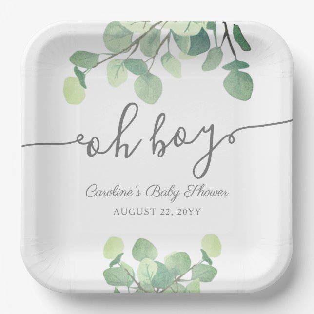 Modern Greenery Eucalyptus Oh Boy Baby Shower Pape Paper Plates (Front)