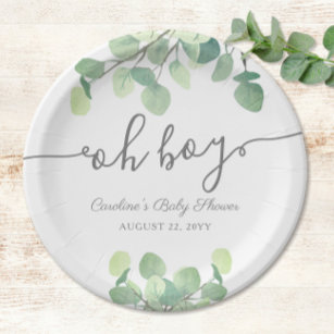 Modern Greenery Eucalyptus Oh Boy Baby Shower Paper Plates