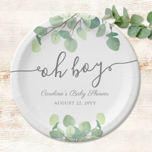 Modern Greenery Eucalyptus Oh Boy Baby Shower Paper Plates