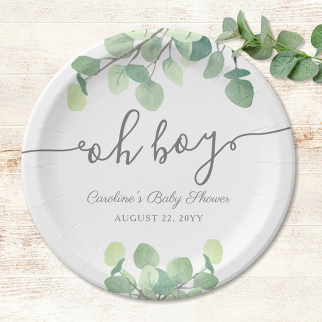 Modern Greenery Eucalyptus Oh Boy Baby Shower Paper Plates (Oh Boy! Eucalyptus Baby Boy Shower Paper Plates)