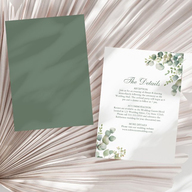 Modern Greenery Eucalyptus Wedding Details Card (Modern Greenery Eucalyptus Wedding Details Card on a sunny neutral dry palm leaf.)
