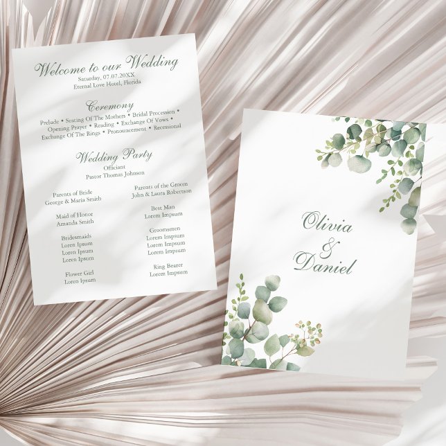 Modern Greenery Eucalyptus Wedding Program (Modern Greenery Eucalyptus Wedding Program on a sunny dry palm leaf.)