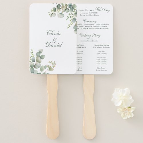 Modern Greenery Eucalyptus Wedding Program Hand Fan