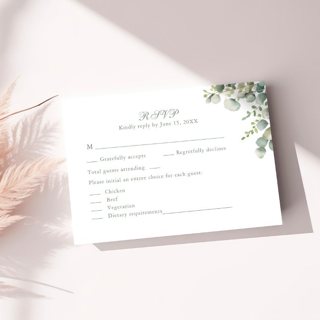 Modern Greenery Eucalyptus Wedding RSVP Card (Modern Greenery Eucalyptus Wedding RSVP Card on a sunny table with dry botanicals)
