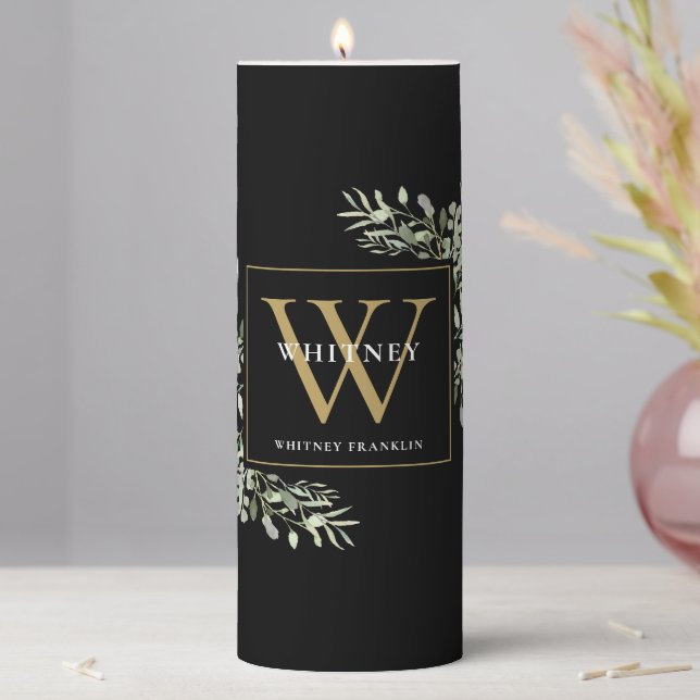 Modern Greenery Floral Black Gold Initial Monogram Pillar Candle (In Situ)