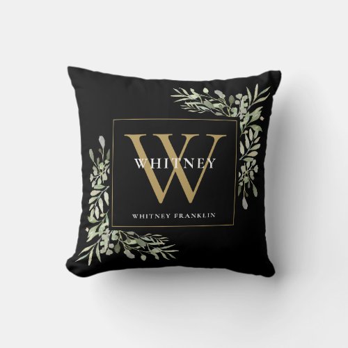 Modern Greenery Floral Black Gold Initial Monogram Throw Pillow