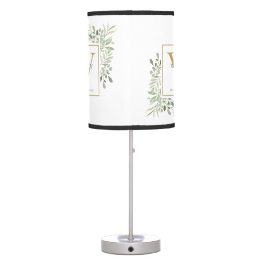 Modern Greenery Floral Gold Initial Monogram Table Lamp (Back)
