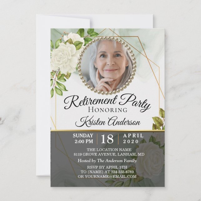 Modern Greenery Floral Photo Retirement Party Invitation (Front)