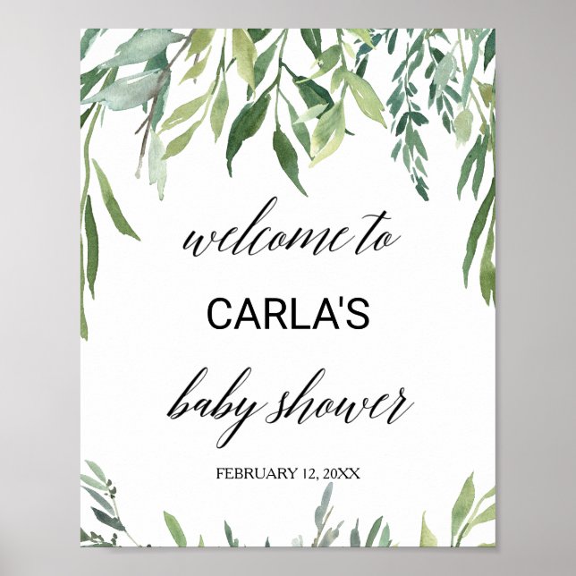 Modern Greenery Foliage Baby Shower Welcome Poster (Front)