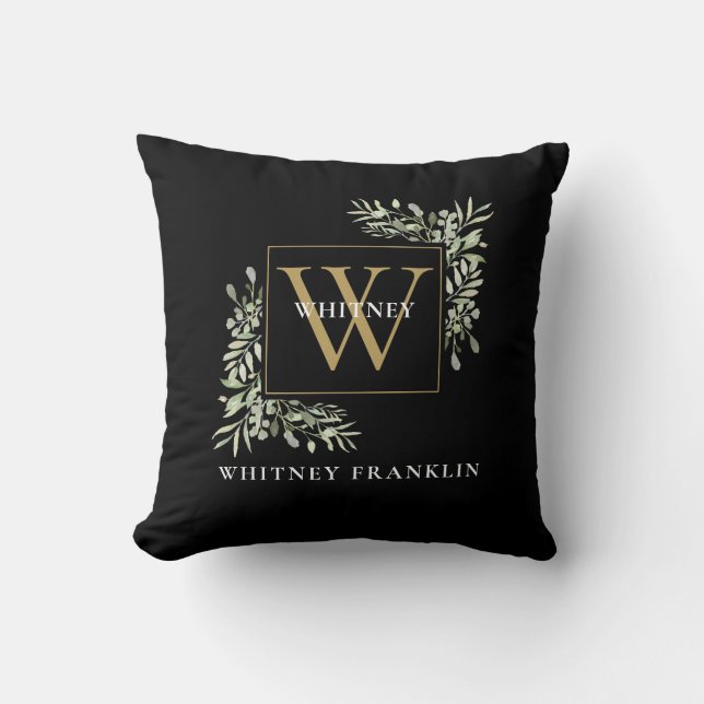 Modern Greenery Foliage Black Gold Monogram Throw Pillow (Front)