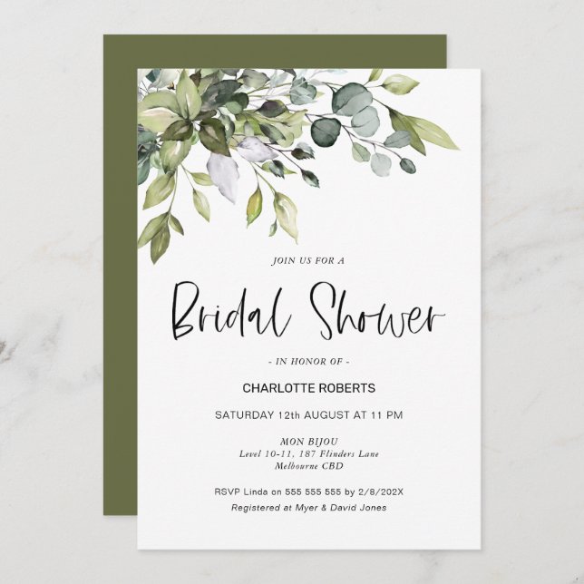 Modern Greenery Foliage Bridal Shower Invitation (Front/Back)