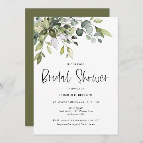 Modern Greenery Foliage Bridal Shower Invitation - Modern Greenery Foliage Bridal Shower Invitation

Modern greenery bridal shower invitation featuring a lovely foliage arrangement in various shades of green and gray.  This design also features a modern calligraphy heading.  The color on the back can be altered.