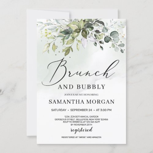 Modern greenery foliage brunch and bubbly bridal invitation