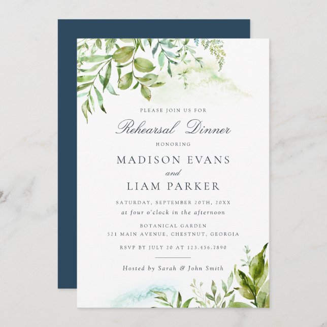 Modern Greenery Foliage Leaves Rehearsal Dinner Invitation (Front/Back)